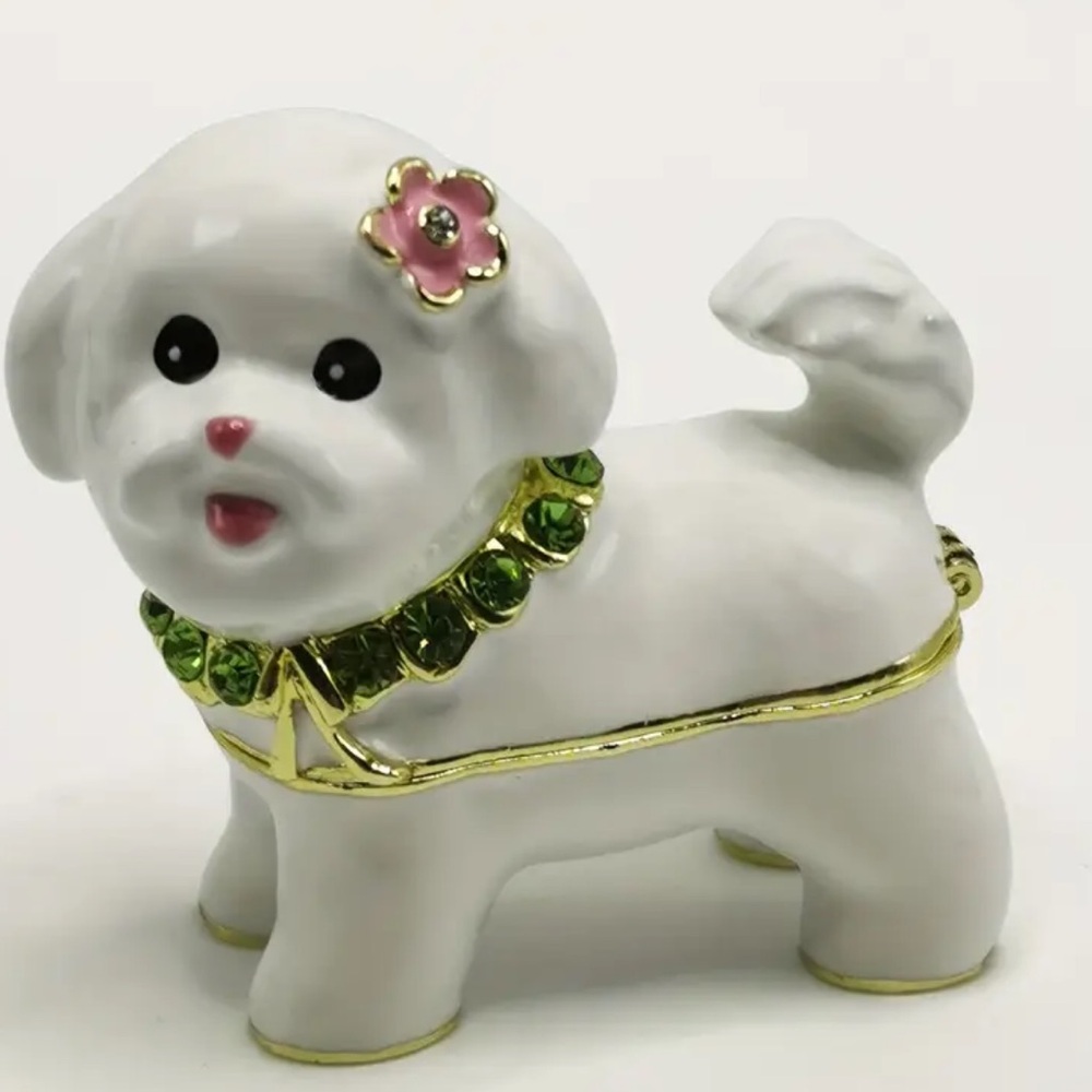 Trinket box dog with Pink Flower and Gold Accents for rings or keepsakes NWT